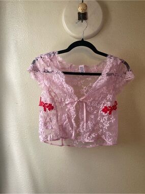 NWOT Victoria's Secret Lace Tie-Front Pink Crop Top/Red Floral Accents Size S